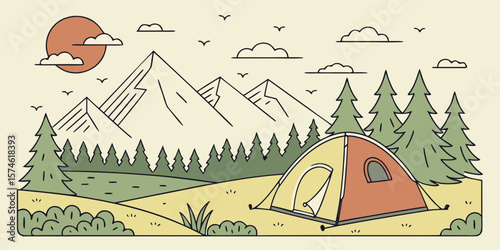 Summer camp concept. Camping landscape. Sunny day landscape illustration in flat style with tent, mountains and forest. Banner or poster for summer camp, nature tourism, camping, hiking, trek