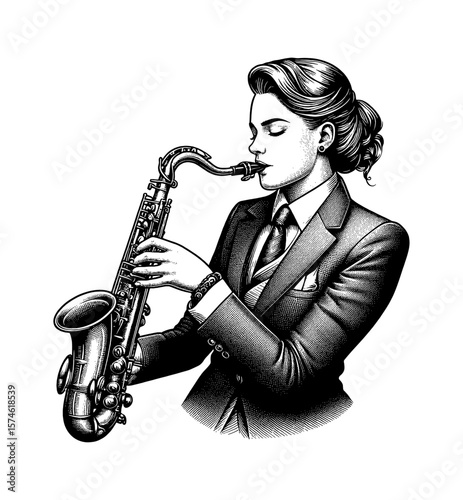 Elegant Woman in Suit Playing Saxophone with Eyes Closed in Detailed Engraving Style Illustration
