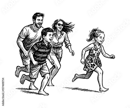 Happy Family Running Together on Beach Having Fun in Engraved Black and White Illustration