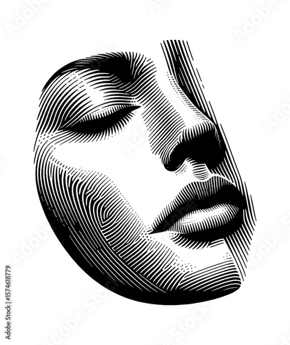 Engraved portrait of a woman's face with eyes closed in black and white line art.