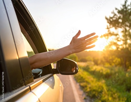 Hand outstretched from car window at sunset