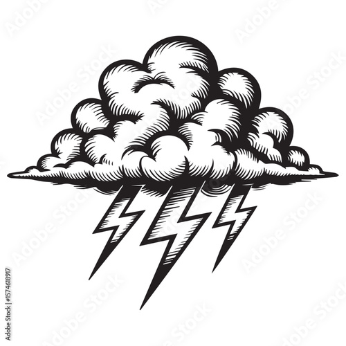Dramatic black and white woodcut style illustration of a stormy cloud with multiple lightning bolts striking downwards