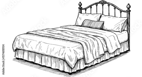 Vintage ink sketch of bed with blanket and pillows on white background


