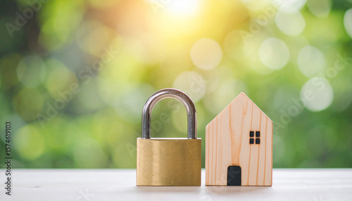 Padlock and small wood house model on natural background. Symbol of secured property investment
