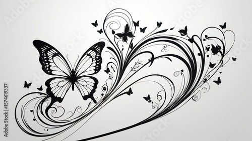 Ornate butterfly design with flowing floral swirls