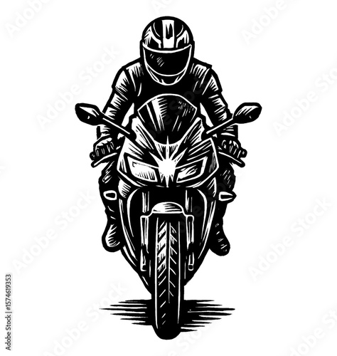 Front View of Motorcyclist with Helmet on Motorcycle in Black and White Engraving