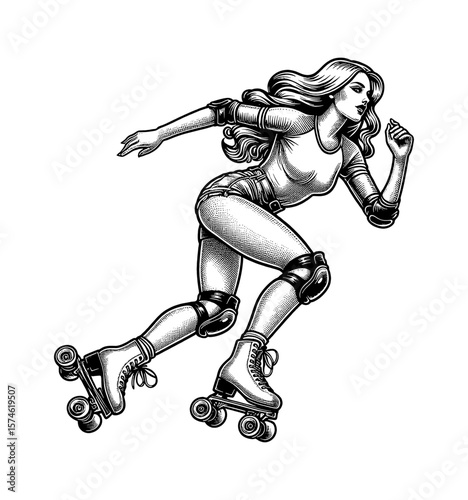 Engraved Roller Derby Girl Skating Fast with Intense Expression Black and White Line Art