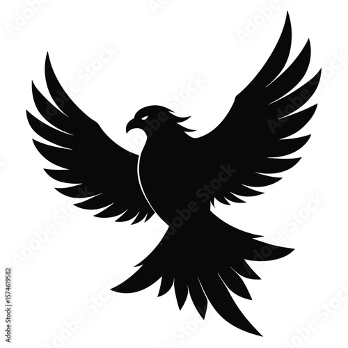 Elegant black silhouette of a bird in mid flight with outstretched wings