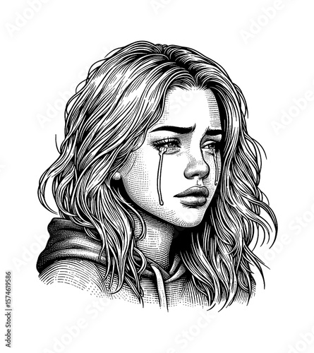 Distressed Caucasian Woman with Tears Flowing in Engraved Black and White Portrait