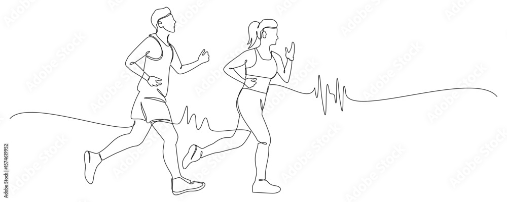Fototapeta premium Continuous line drawing of energetic running of women and men. Healthy sports training concept 1
