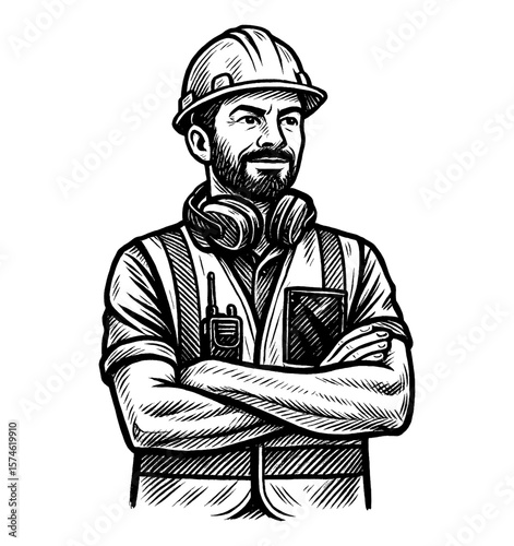 Confident Construction Worker with Safety Vest and Helmet in Detailed Black and White Art