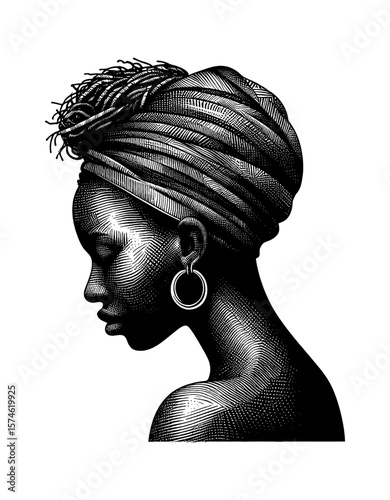 Elegant African Woman Profile with Headwrap and Hoop Earring in Detailed Engraving