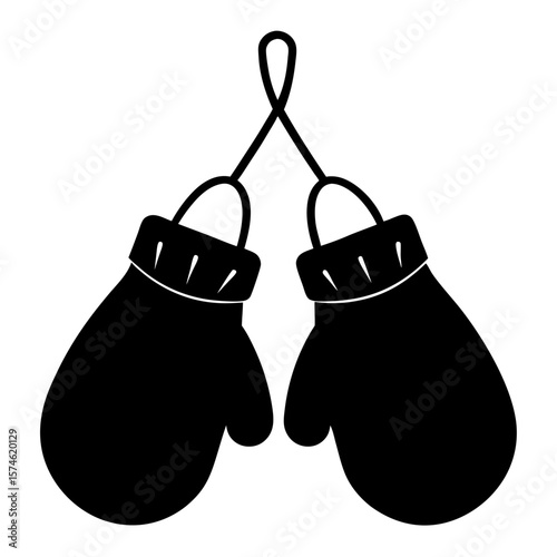 Simple black silhouette of two mittens hanging together on a string