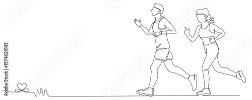 Continuous line drawing of energetic running of women and men. Healthy sports training concept 