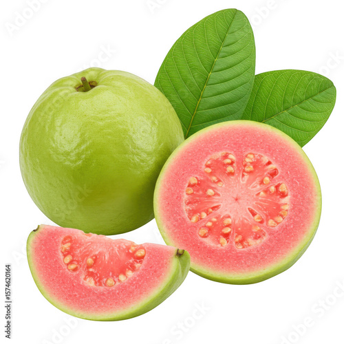 Fresh guava fruit pieces with leaves isolated on transparent background