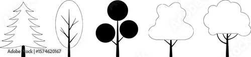 Diverse tree shapes and styles in black and white evergreen deciduous