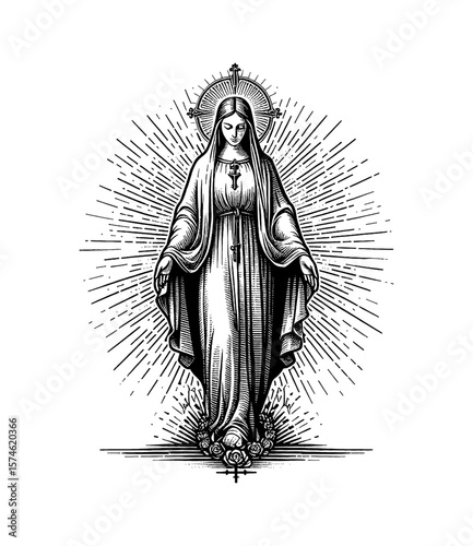 Illustration of Virgin Mary with Open Arms, Black and White Line Art Engraving