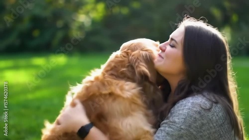 Affectionate Bond: Woman and Golden Retriever in Sunlit Park