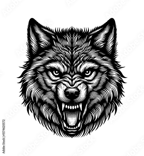 Detailed Engraved Illustration of Wolf Head with Open Mouth Showing Teeth on White Background
