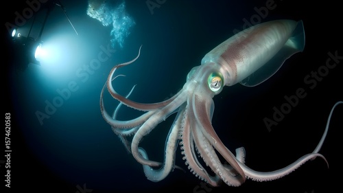 Giant squid in the deep ocean illuminated by a diver's light. The squid's massive size and intricate tentacles are showcased against the dark backdrop.