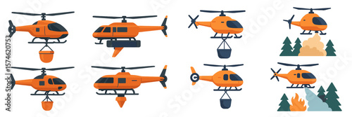 Various helicopters in orange configurations performing utility tasks in forested areas for safety and firefighting missions