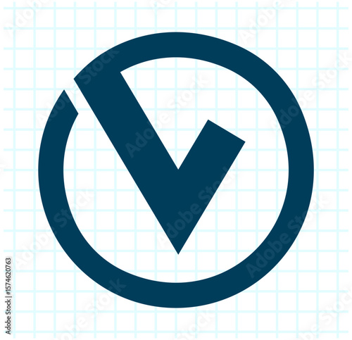 Check mark inside circular shape icon in dark blue on white background with blue grid, minimalistic flat design.