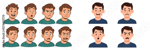 Expression chart illustrating various emotions in cartoon characters at a studio setting
