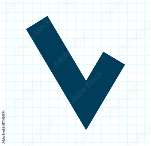 Large check mark icon in dark blue on white background with blue grid, minimalistic flat design.