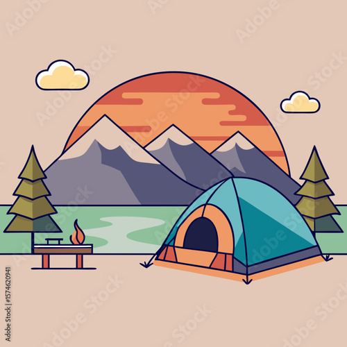 Camping scene illustration, sunset mountains, flat style, for travel blogs