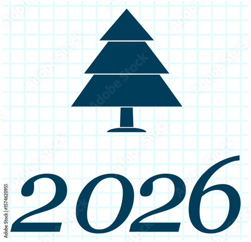  Single minimalist pine tree above year 2026 text on a blueprint background