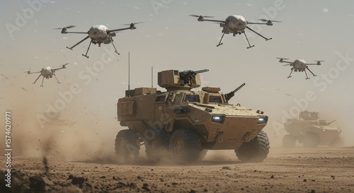 Military Drones and Armored Vehicle in Desert Operation