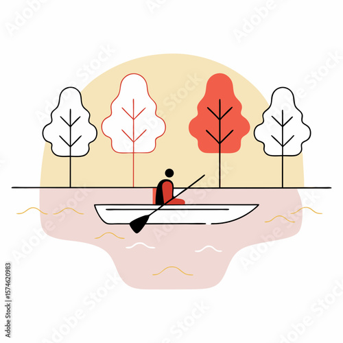 Person kayaking on calm water, minimalist line art illustration, pastel colors, for websites and blogs