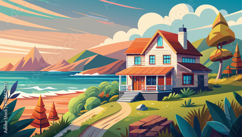 A charming coastal house overlooking the calm sea, with waves gently lapping near the shore and soft sunlight illuminating the serene oceanfront view.