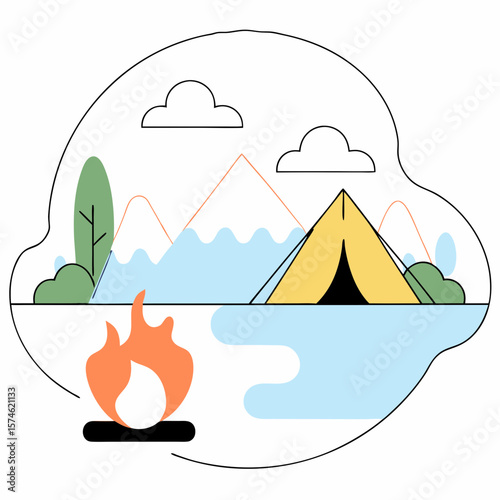 Camping scene illustration, minimalist style, pastel colors, for travel blogs