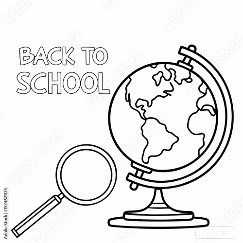 Globe and magnifying glass, back to school illustration, black and white, for education