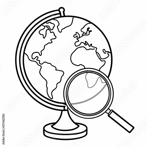 Globe and magnifying glass, a monochrome illustration for education