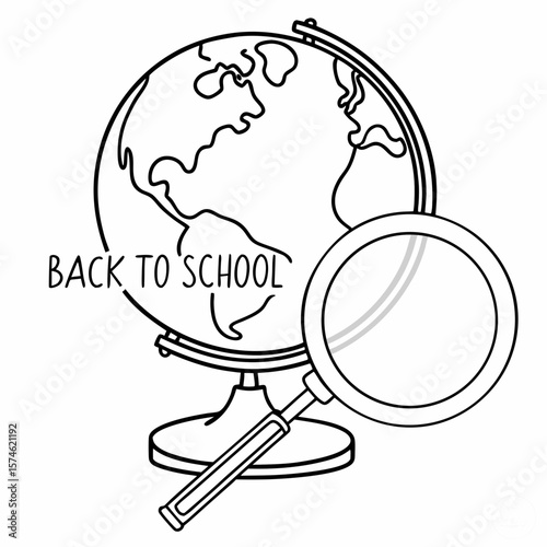 Globe and magnifying glass, back to school illustration