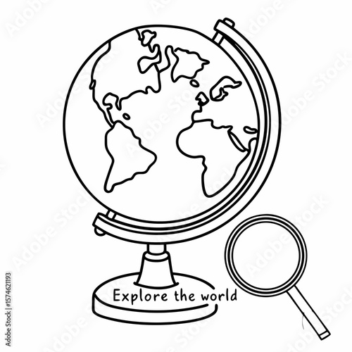 Globe and magnifying glass, in black and white, for education