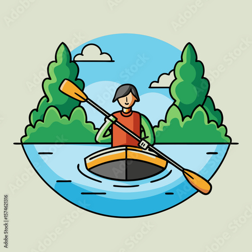 Person kayaking on a lake, illustrated in a colorful line art style, for summer travel blogs