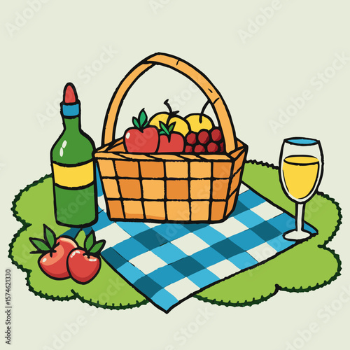 Picnic basket with wine and fruit, hand-drawn illustration, for blogs and websites