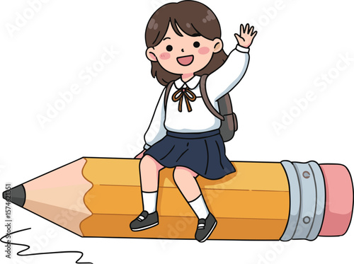 Student Interaction, Subject: Girl on Pencil, Location: Classroom Setting, Content Type: Cartoon Illustration, Environment: Fun Learning, Viewpoint: Playful Perspective, Concept: vector, eps - back to