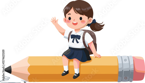 Exciting Adventure, Young Girl, School Environment, Cartoon Illustration, Vector EPS Art, Cheerful Viewpoint, Creative Learning Concept with Pencil - back to school