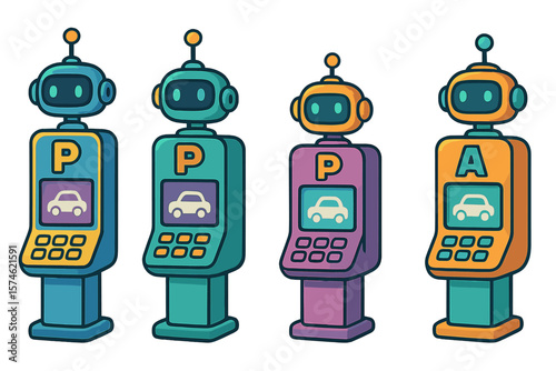 Parking payment machines with a futuristic design set in an urban area during daylight