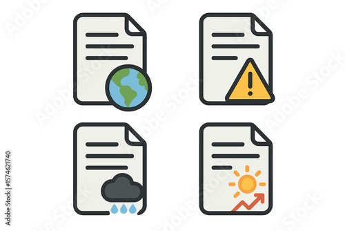 Global environmental alerts depicted through simple icons illustrating climate change and weather conditions