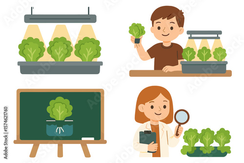 Young learners engage in indoor gardening activities focusing on lettuce cultivation in a classroom setting during school hours