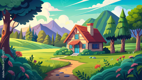 Charming countryside scene with a cozy cottage surrounded by lush green fields, tall trees, and vibrant natural foliage. A peaceful rural retreat blending seamlessly with nature.