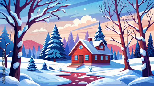 Tranquil winter landscape featuring a charming red cottage nestled in a snowy field, surrounded by snow-covered trees under a soft, overcast sky. Peaceful and cozy seasonal atmosphere.
