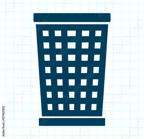 Mesh wastebasket icon in dark blue on white grid background symbolizing trash or discard