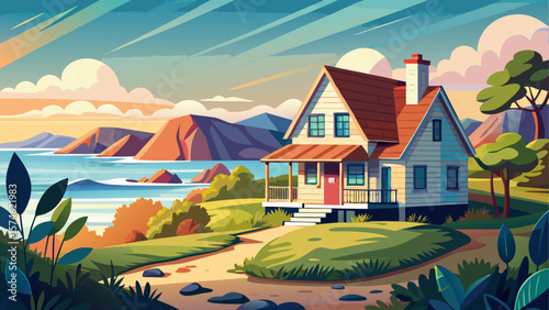 A peaceful coastal house perched near the shoreline, with waves gently lapping nearby and a calm sea breeze rustling through surrounding greenery under a bright sky.