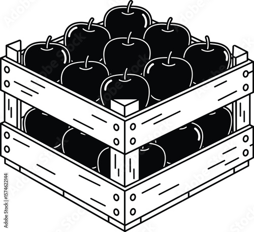 A Cartoon Illustration of a Wooden Crate Full of Fresh Fruit in a Farm Environment, Vector Art in EPS Format for Agricultural Themes